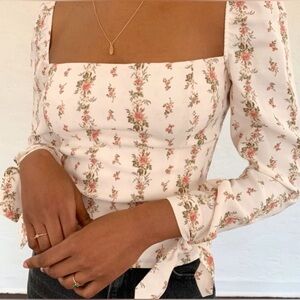 Reformation Ariana Floral Print Smocked Cropped Top Cream Beige Sz 4‎